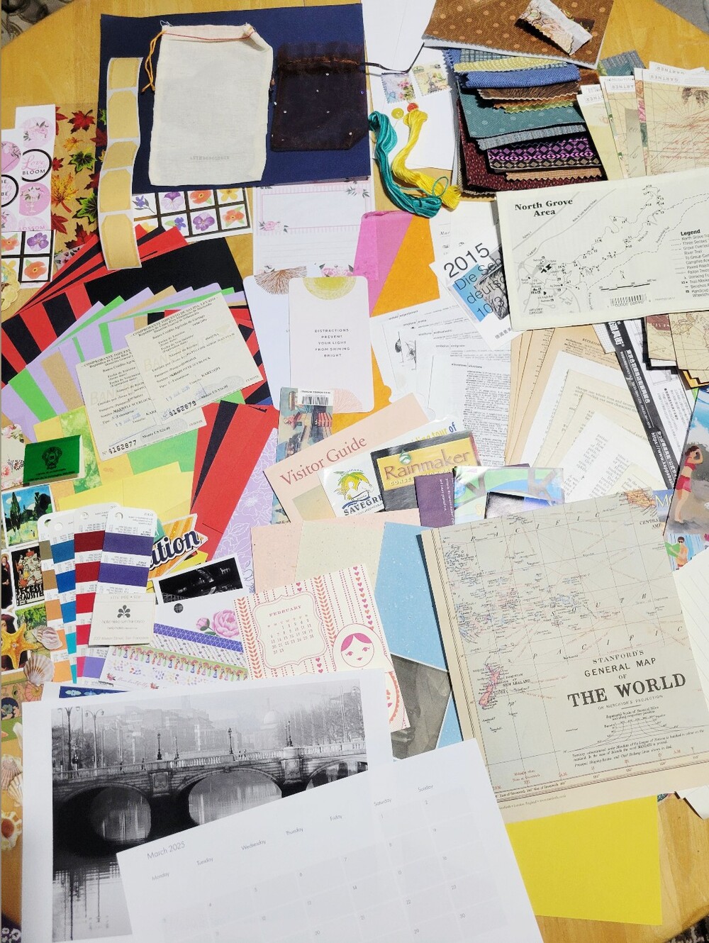 150+ Piece Collage Junk Journaling Assortment W/ Fabric, Thread Travel Themed